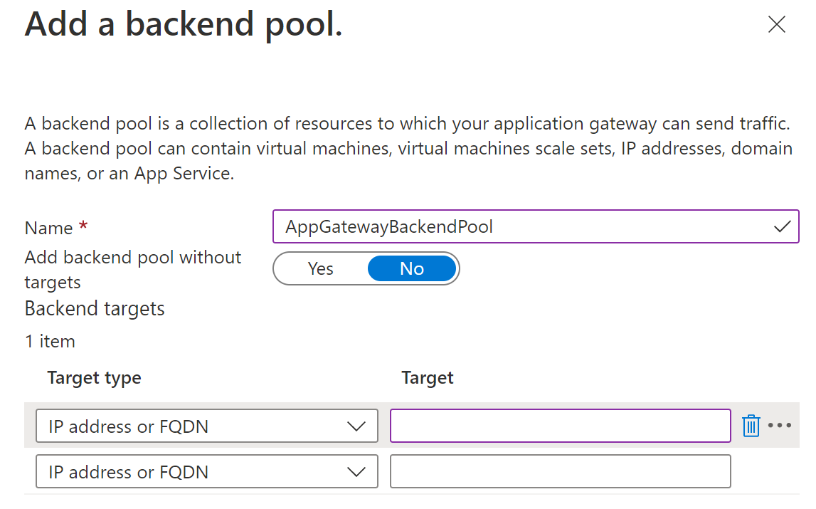 Screenshot of Azure portal 'Add a backend pool' page.