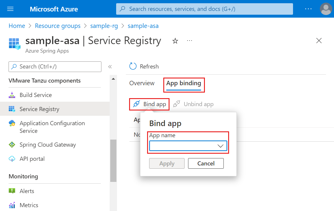 لقطة شاشة لمدخل Azure تعرض صفحة سجل الخدمة مع تمييز القائمة المنسدلة لربط التطبيق.