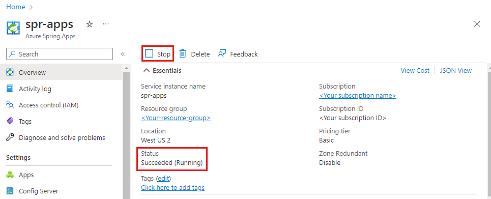Screenshot of Azure portal showing the Azure Spring Apps Overview page with the Stop button and Status value highlighted.