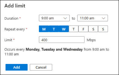 لقطة شاشة لمربع حوار مدخل Microsoft Azure تعرض المدخلات لتعيين حد لفترة زمنية مخصصة.