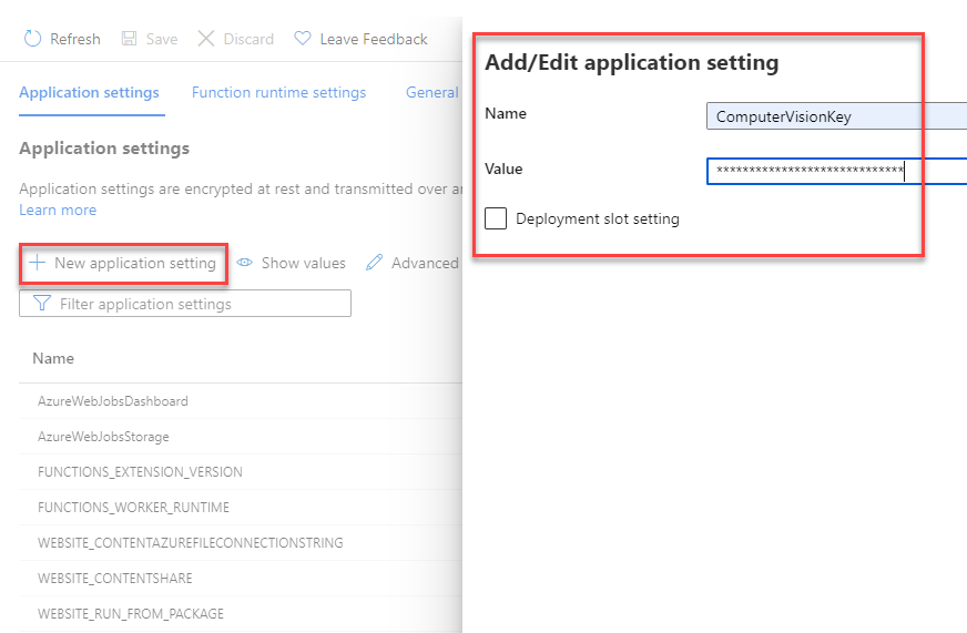 لقطة شاشة توضح كيفية إضافة إعدادات تطبيق جديد إلى Azure Function.