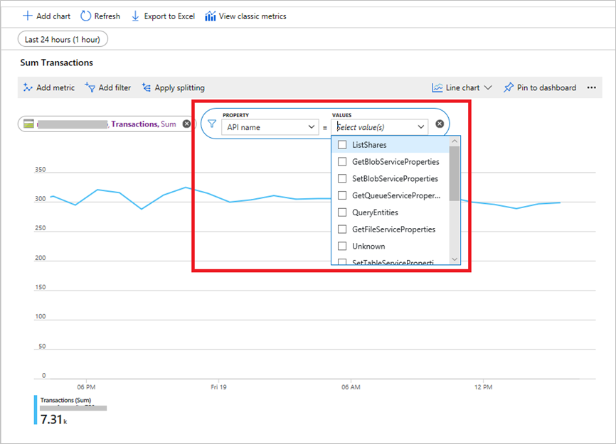 لقطة شاشة للوصول إلى المقاييس ذات البُعد في مدخل Microsoft Azure