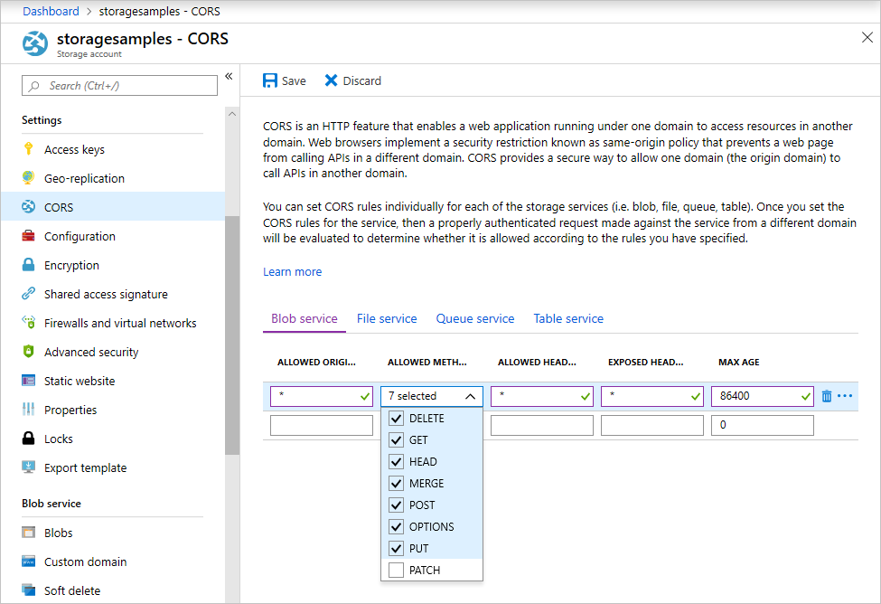 إعدادات حساب تخزين كائنات Azure الثنائية كبيرة الحجم CORS