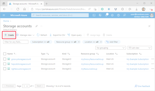 صورة تعرض موقع زر الإنشاء داخل صفحة حسابات التخزين في مدخل Microsoft Azure.