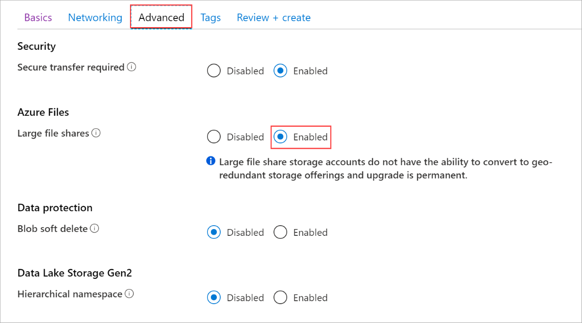 صورة تعرض علامة التبويب خيارات متقدمة في مدخل Microsoft Azure لإنشاء حساب تخزين.