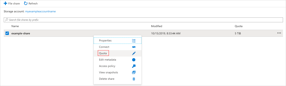 واجهة مستخدم مدخل Microsoft Azure مع الحصة النسبية لمشاركات الملفات الموجودة