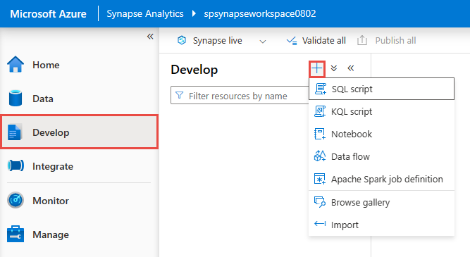 لقطة شاشة تعرض صفحة Develop مع تحديد قائمة البرامج النصية SQL الجديدة.