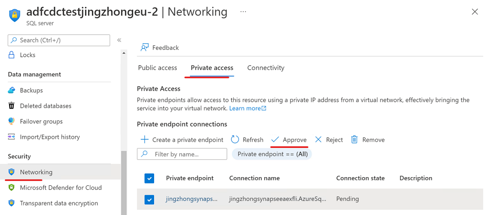 لقطة شاشة لنقطة نهاية خاصة لخدمة Azure SQL المرتبطة بقاعدة بيانات جديدة 3.