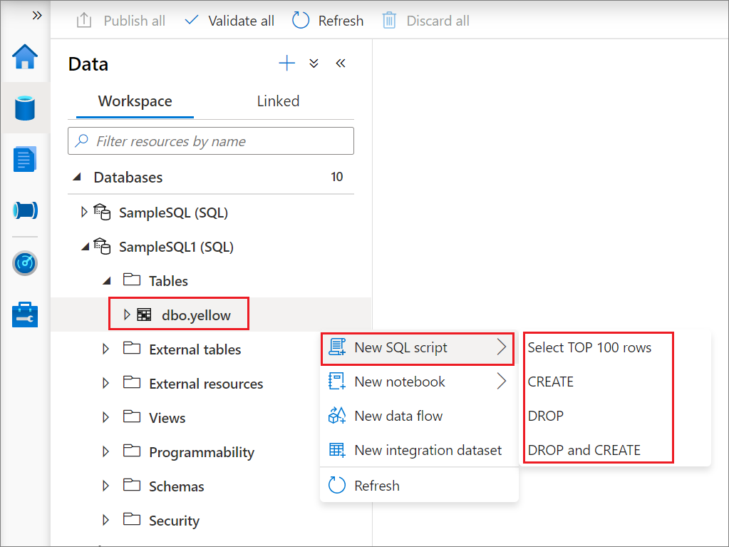 لقطة شاشة تعرض القوائم المختصرة لعقدة جدول.
