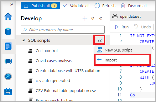 لقطة شاشة تعرض جزء Develop والأمر لاستيراد برنامج نصي SQL.
