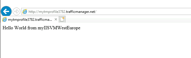 Screenshot that shows the Traffic Manager profile in a web browser for West Europe.