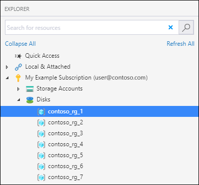 لقطة شاشة ل Azure Storage Explorer تبرز موقع عقدة الأقراص لتحميل قرص.