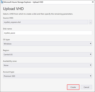 لقطة شاشة Azure Storage Explorer لمربع حوار تحميل VHD.