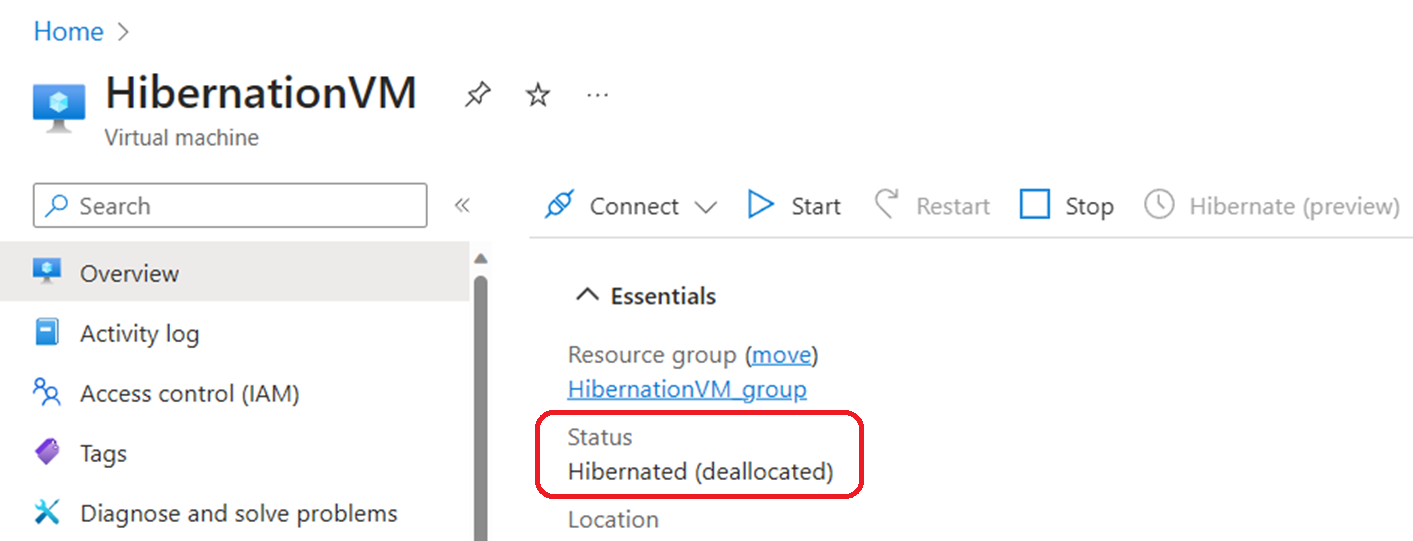 لقطة شاشة لحالة الجهاز الظاهري المسبوق في قائمة مدخل Microsoft Azure على أنها 'Hibernated (deallocated)'.
