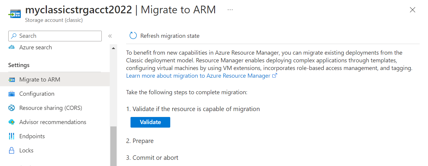 لقطة شاشة تعرض صفحة ترحيل حساب التخزين الكلاسيكي إلى Azure Resource Manager.