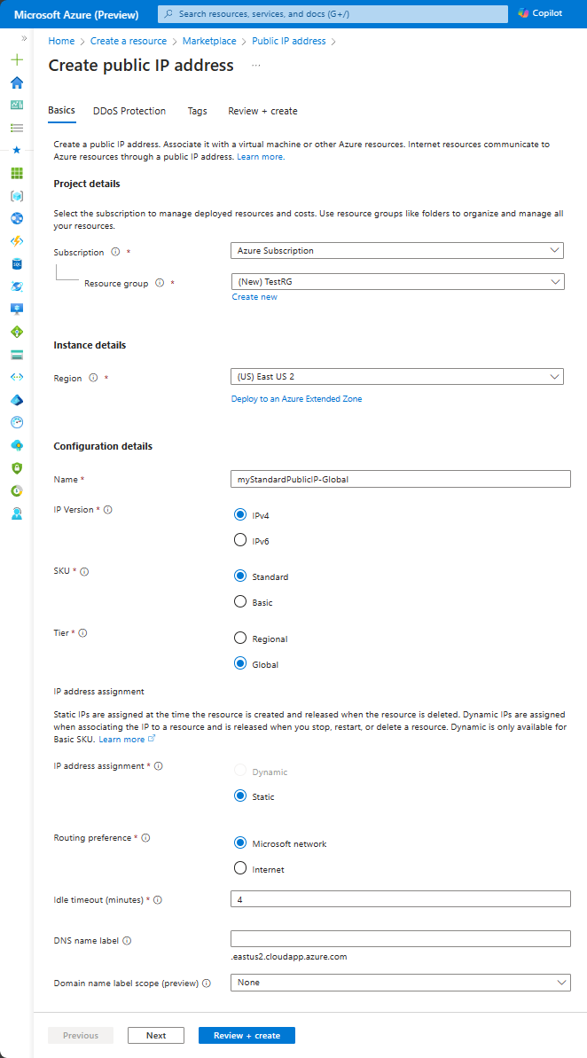 لقطة شاشة تعرض علامة التبويب Create public IP address Basics لإعداد Standard SKU والطبقة العمومية.