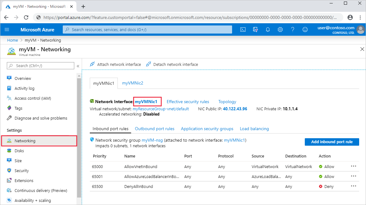 لقطة شاشة تعرض إعدادات واجهة الشبكة الظاهرية في مدخل Microsoft Azure.