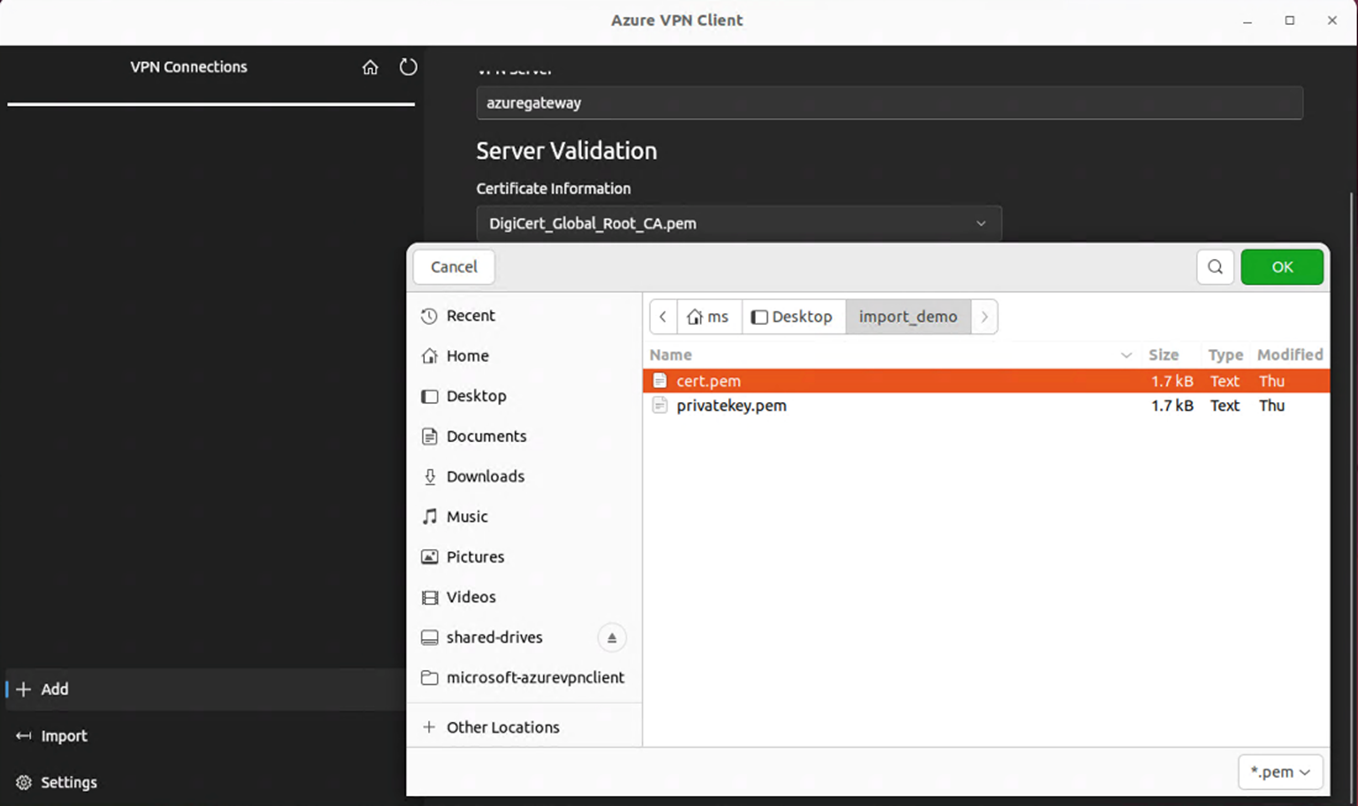 لقطة شاشة لعميل Azure VPN لنظام Linux مع تحديد بيانات شهادة العميل.