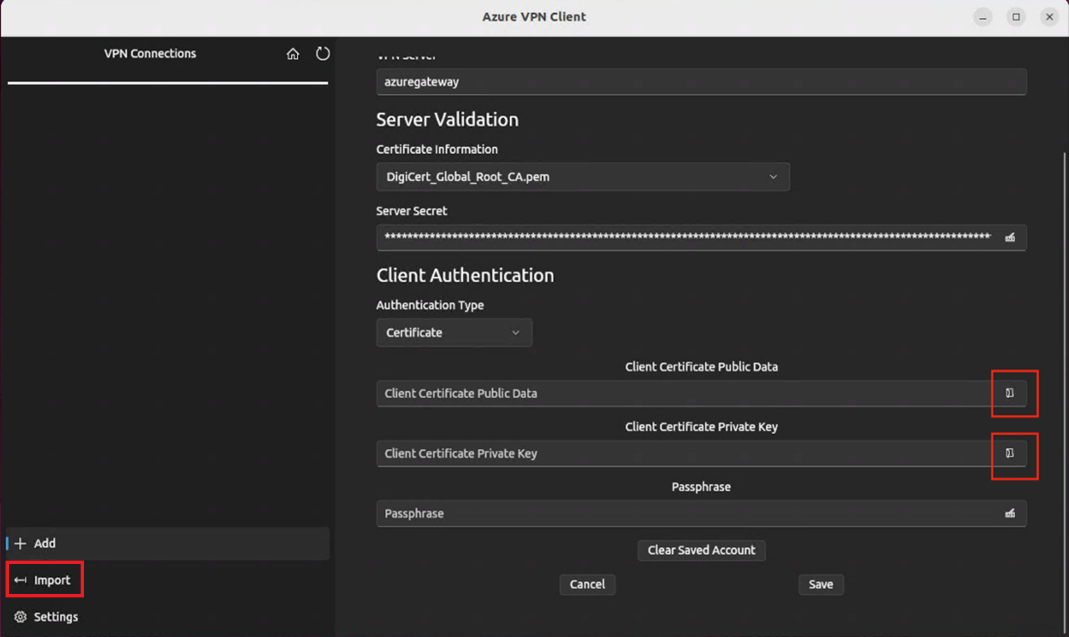 لقطة شاشة لعميل Azure VPN لنظام Linux مع الاستيراد.