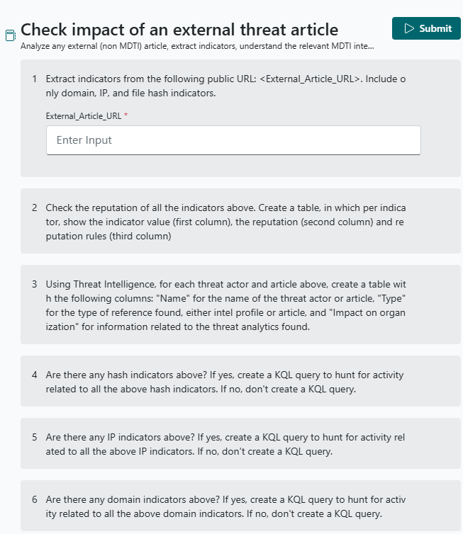 Screenshot of check impact of an external threat article promptbook.