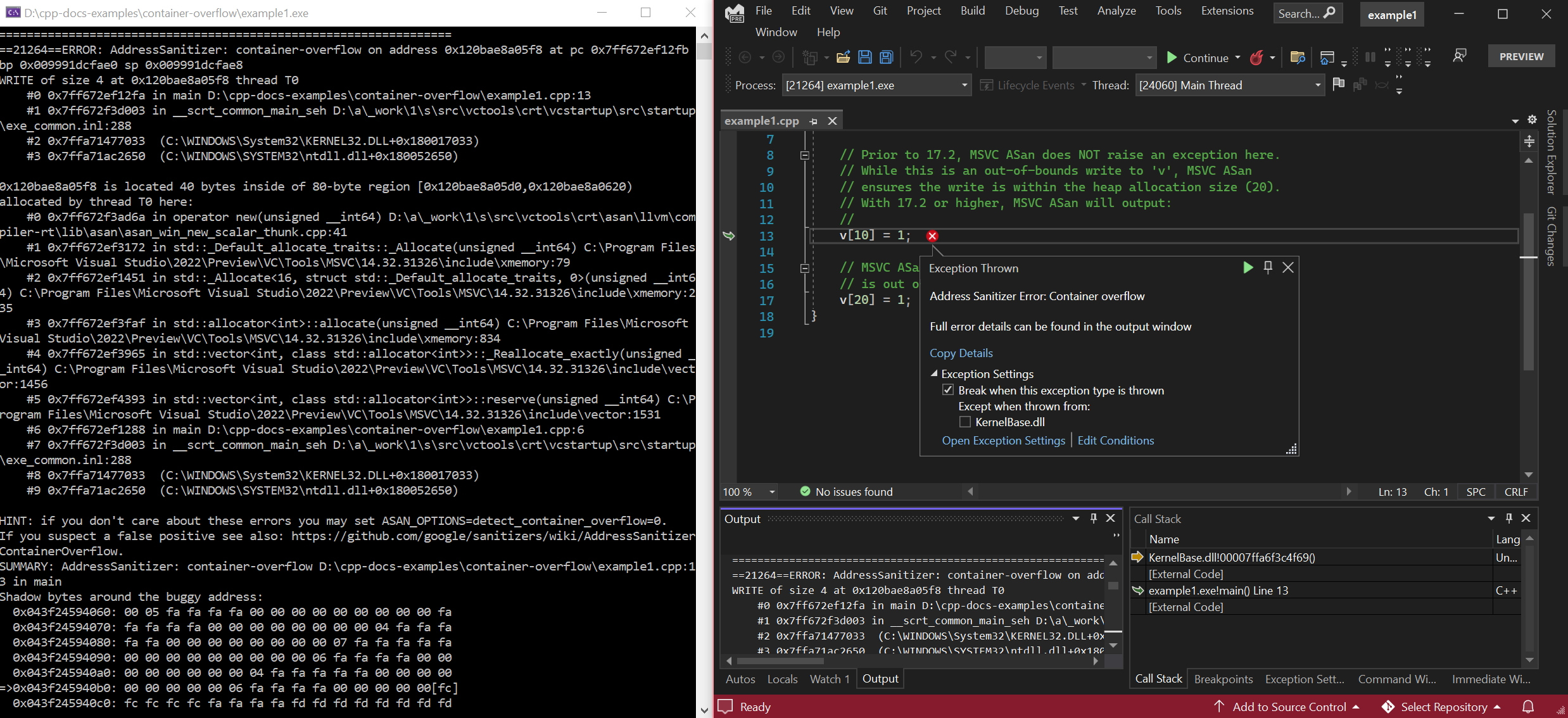 Screenshot of debugger displaying container-overflow error in example 1.