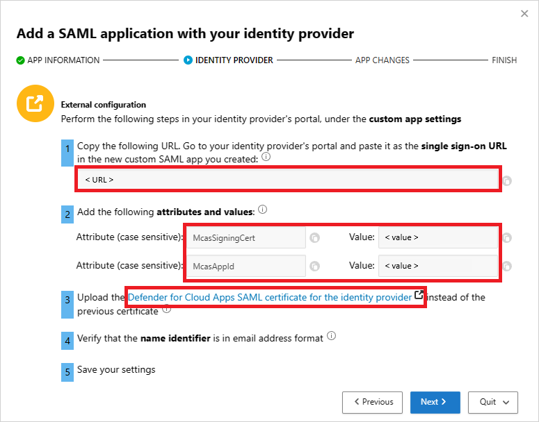 لقطة شاشة Defender for Cloud Apps تعرض رابط تنزيل عنوان URL لتسجيل الدخول الأحادي والسمات وشهادة SAML.