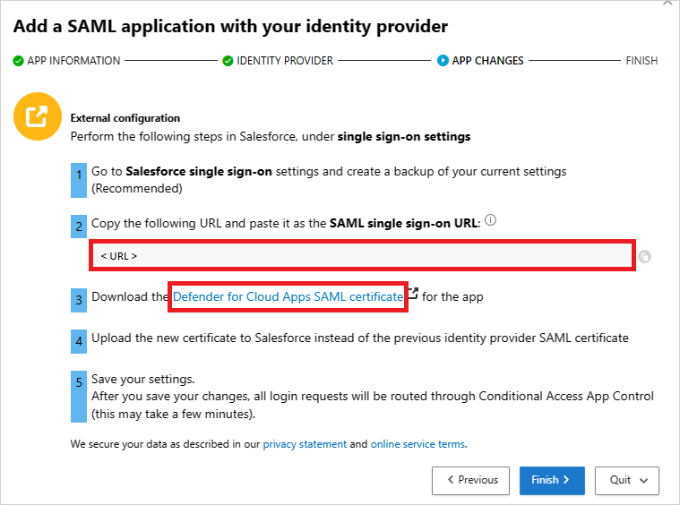 لقطة شاشة لصفحة Defender for Cloud Apps APP CHANGES تعرض عنوان URL لتسجيل الدخول الأحادي SAML وخيار تنزيل الشهادة.