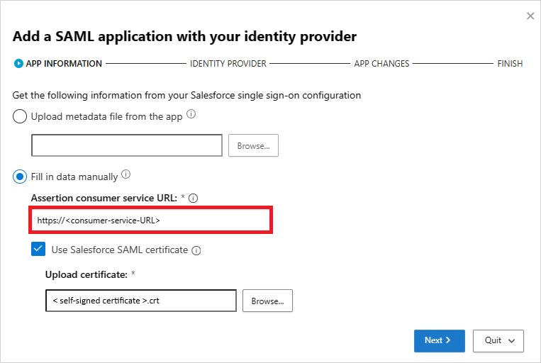 لقطة شاشة لصفحة Defender for Cloud Apps APP INFORMATION مع حقول لإدخال تفاصيل Salesforce SAML يدويا.