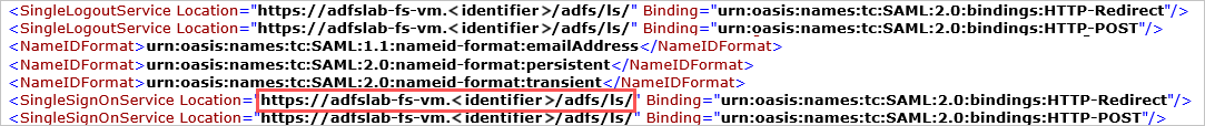 لقطة شاشة لملف بيانات تعريف الاتحاد الذي يعرض موقع AD FS SingleSignOnService لتطبيق Salesforce.