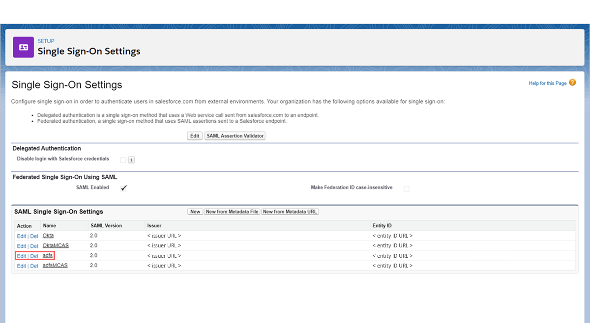 لقطة شاشة لصفحة Salesforce Single Sign-On Settings تعرض تكوين AD FS الحالي.