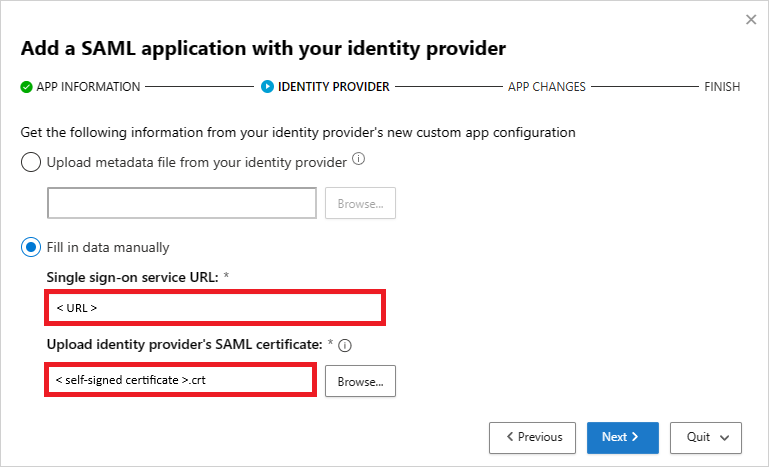لقطة شاشة لإعدادات موفر الهوية Defender for Cloud Apps تعرض عنوان URL لخدمة SSO وحقول تحميل شهادة SAML.