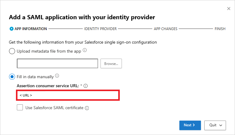 لقطة شاشة لصفحة Defender for Cloud Apps APP INFORMATION مع حقول تكوين SAML اليدوية ل Salesforce.