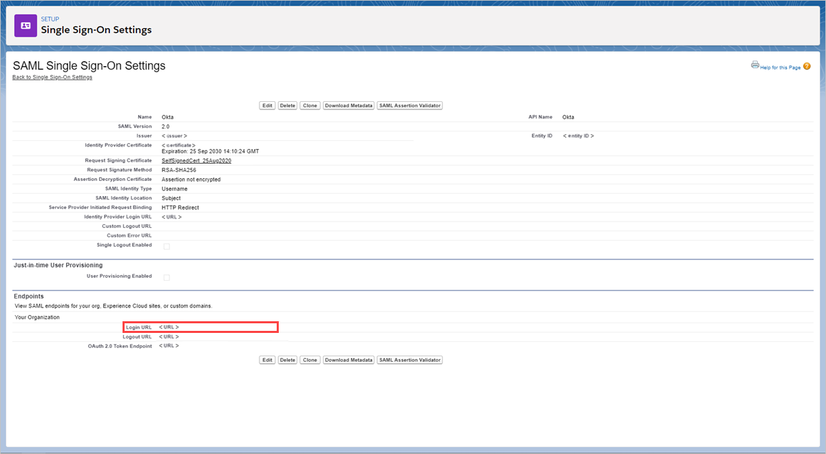 لقطة شاشة لصفحة Salesforce SAML Single Sign-On Setting تعرض حقل Login URL.