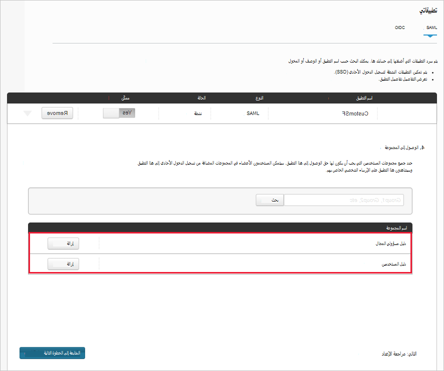 لقطة شاشة لصفحة الوصول إلى مجموعة تطبيقات Salesforce المخصصة مع المجموعات المعينة في PingOne.