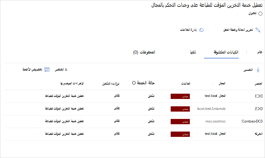 لقطة شاشة تعرض قائمة بالكيانات المكشوفة التي تقوم بتشغيل خدمة تخزين مؤقت للطباعة.