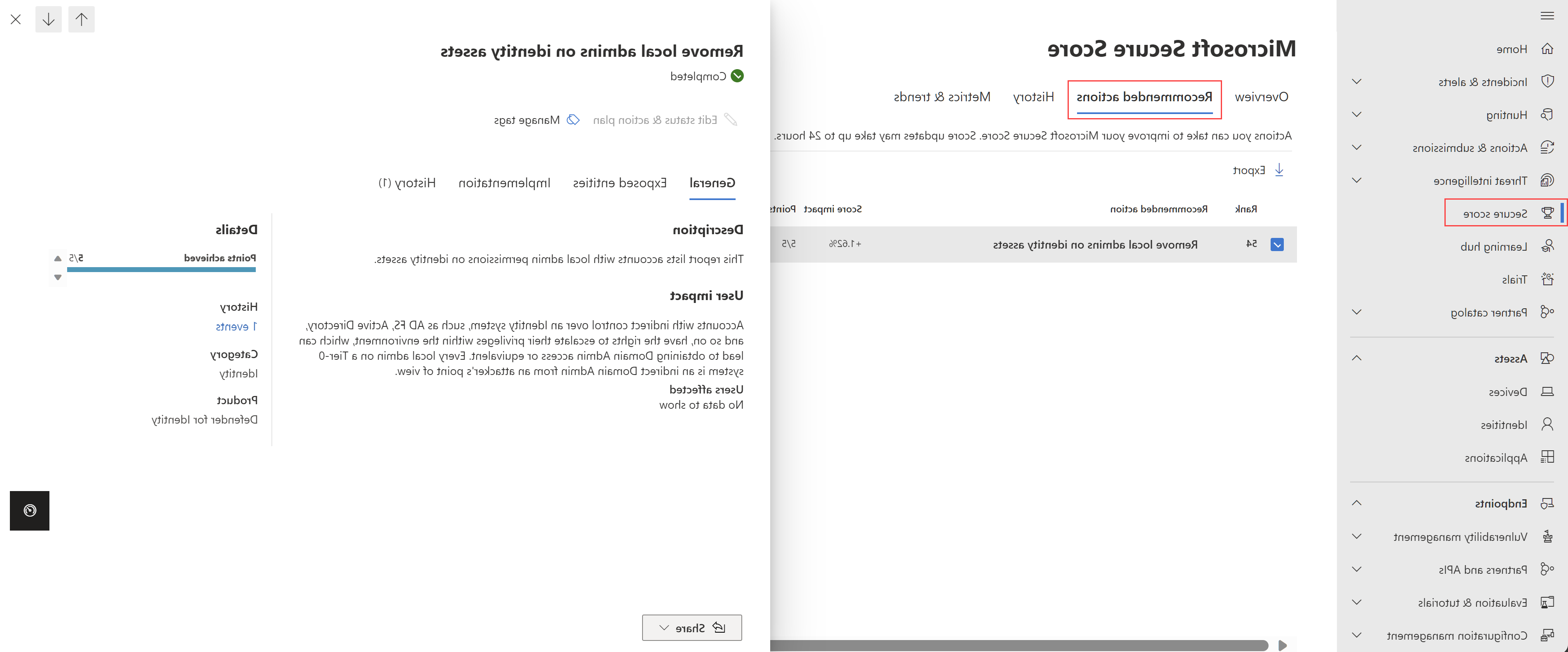 لقطة شاشة تعرض الإجراء الموصى به لإزالة المسؤولين المحليين على أصول الهوية.