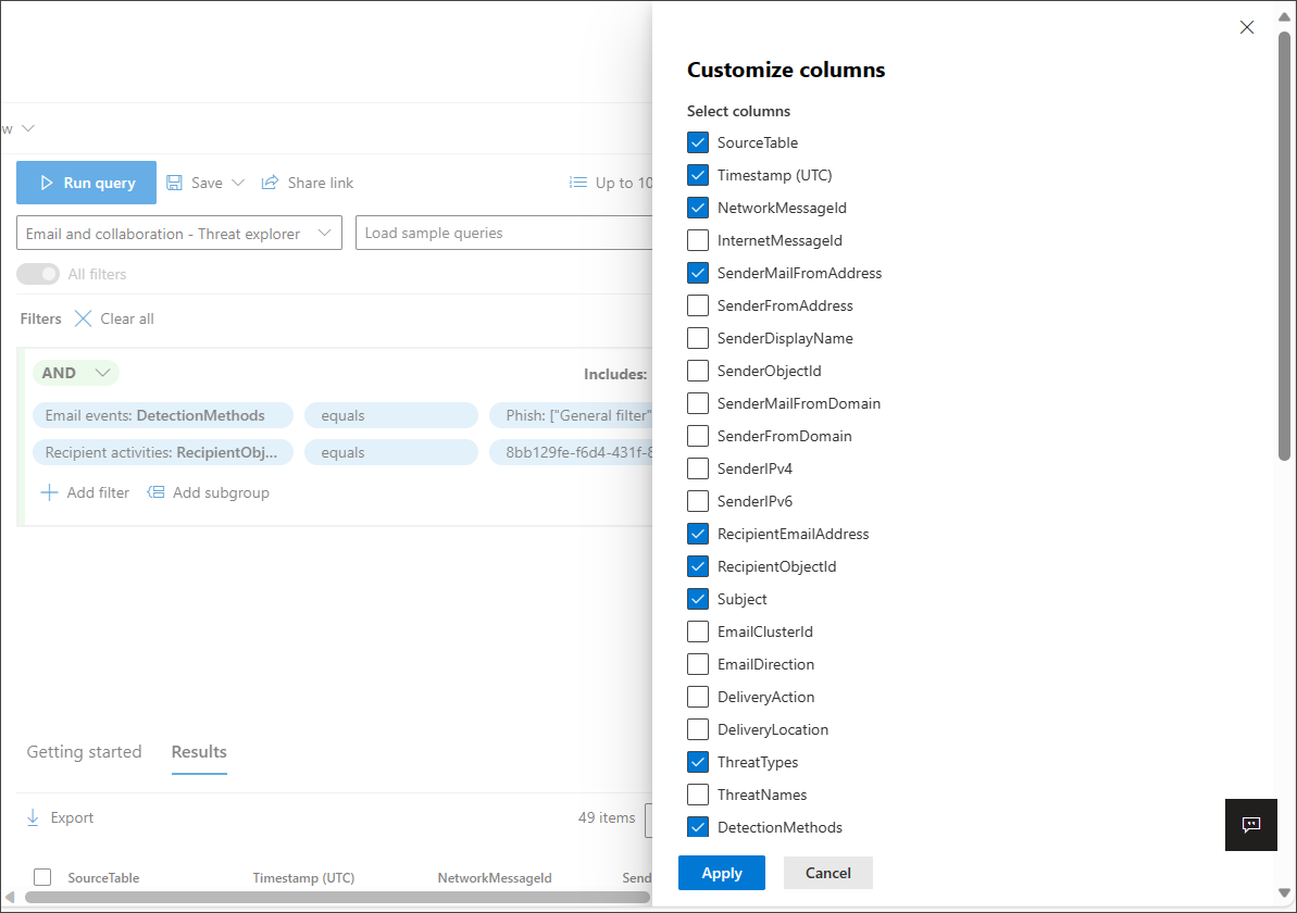 لقطة شاشة لقائمة الأعمدة التي يمكنك إضافتها إلى طريقة عرض النتائج
