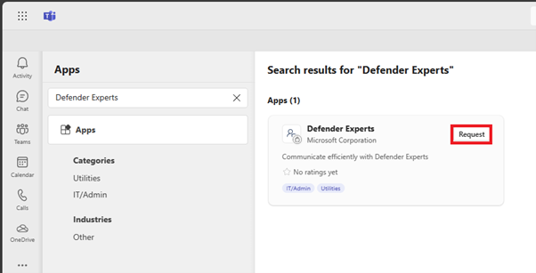 لقطة شاشة لطلب تطبيق Defender Experts في Microsoft Teams.