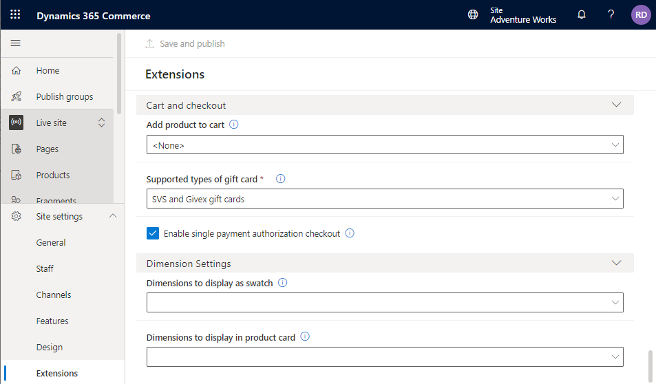 Screenshot of enabling enhanced payments in storefront checkout in Commerce site builder.