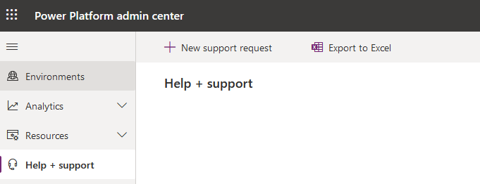 حدد المساعدة + الدعم في مركز إدارة Power Platform .