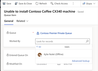 حقل تم العمل بواسطة يعرض أعضاء قائمة الانتظار الخاصة فقط
