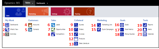 مخطط موقع تطبيق Sales لتطبيق Dynamics 365 Customer Engagement (on-premises).