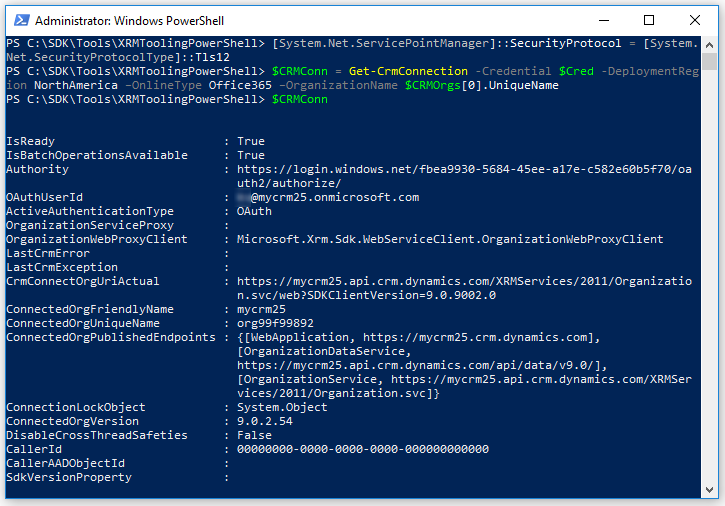 Dynamics 365 Customer Engagement connection information and status.