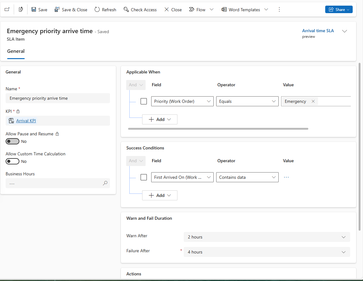 Screenshot of the Power Platform Environment Settings SLA item pane.