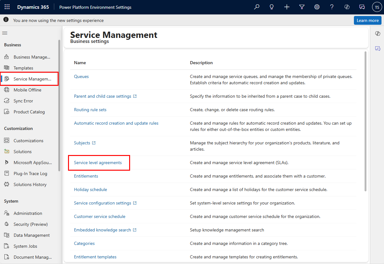 Screenshot of the Power Platform Environment Settings highlighting the SLA setting.