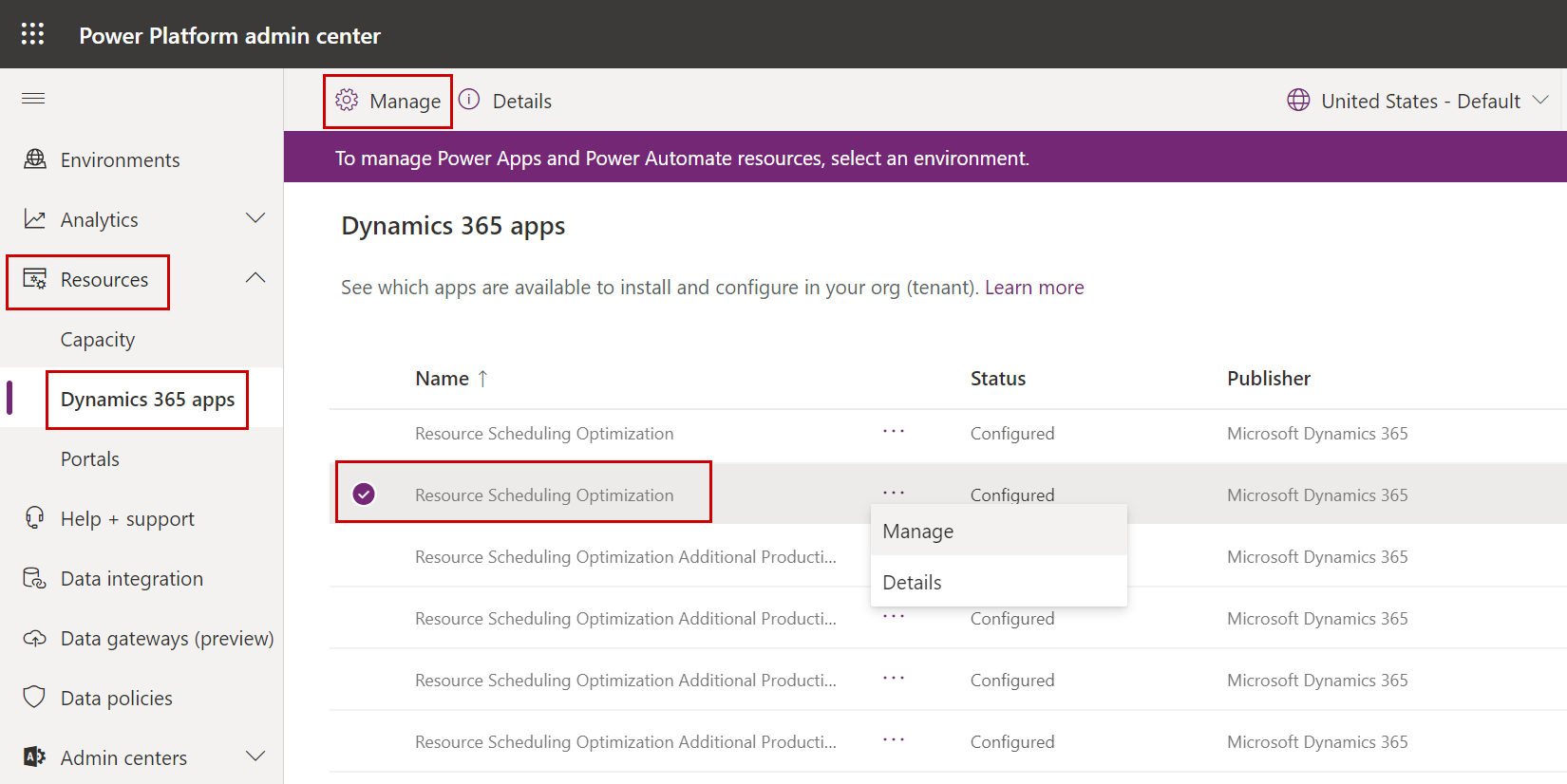 لقطة شاشة لـ Resource Scheduling Optimization في مركز إدارة Power Platform.