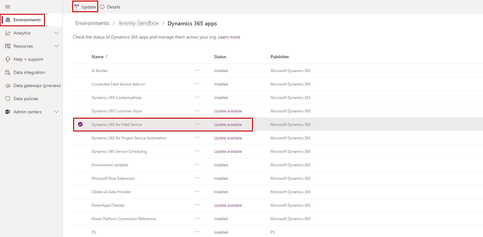  لقطة شاشة لتطبيقات Dynamics 365 في مركز إدارة Power Platform.