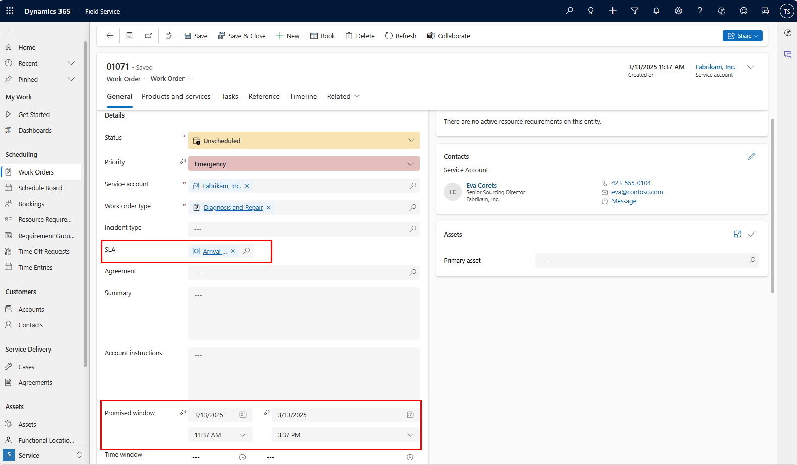 Screenshot of a work order highlighting the SLA and Promised window fields.