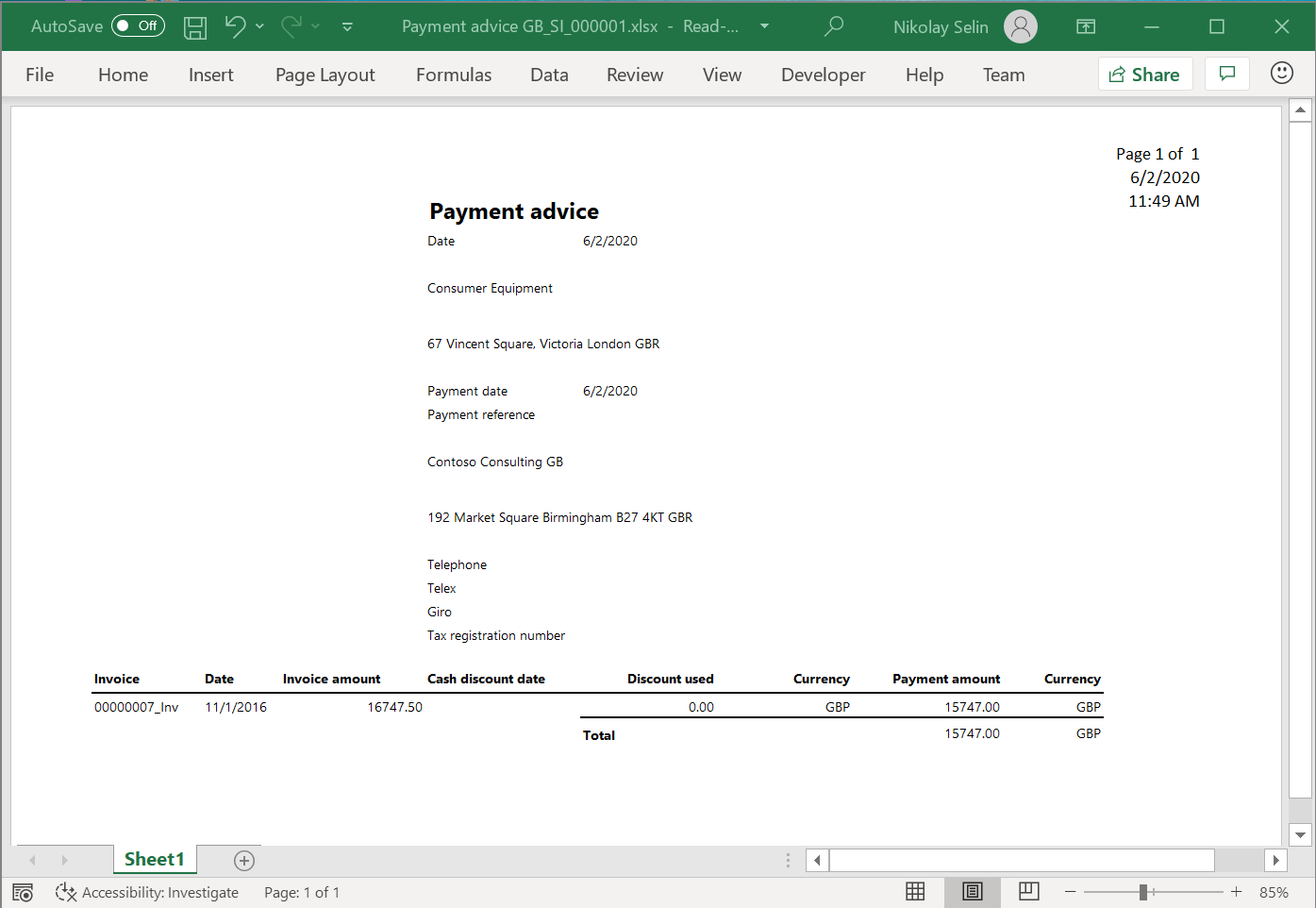تقرير إخطار الدفع بتنسيق Excel.