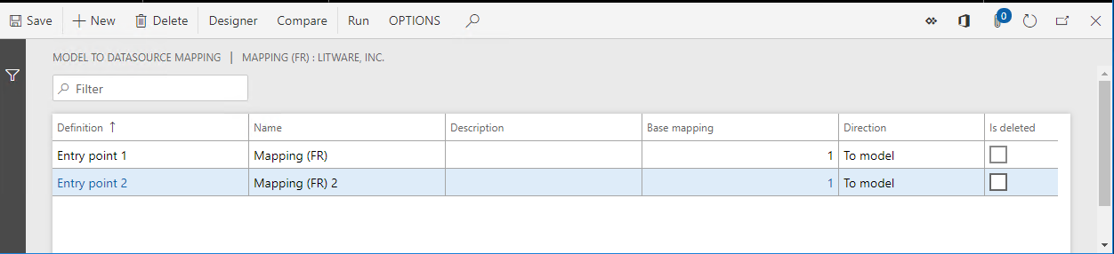 Screenshot of the ER model to data source mapping page.